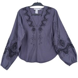 H&M LOGG Eyelet Embroidered Blouse Womens 4 100% Cotton Purple Gray